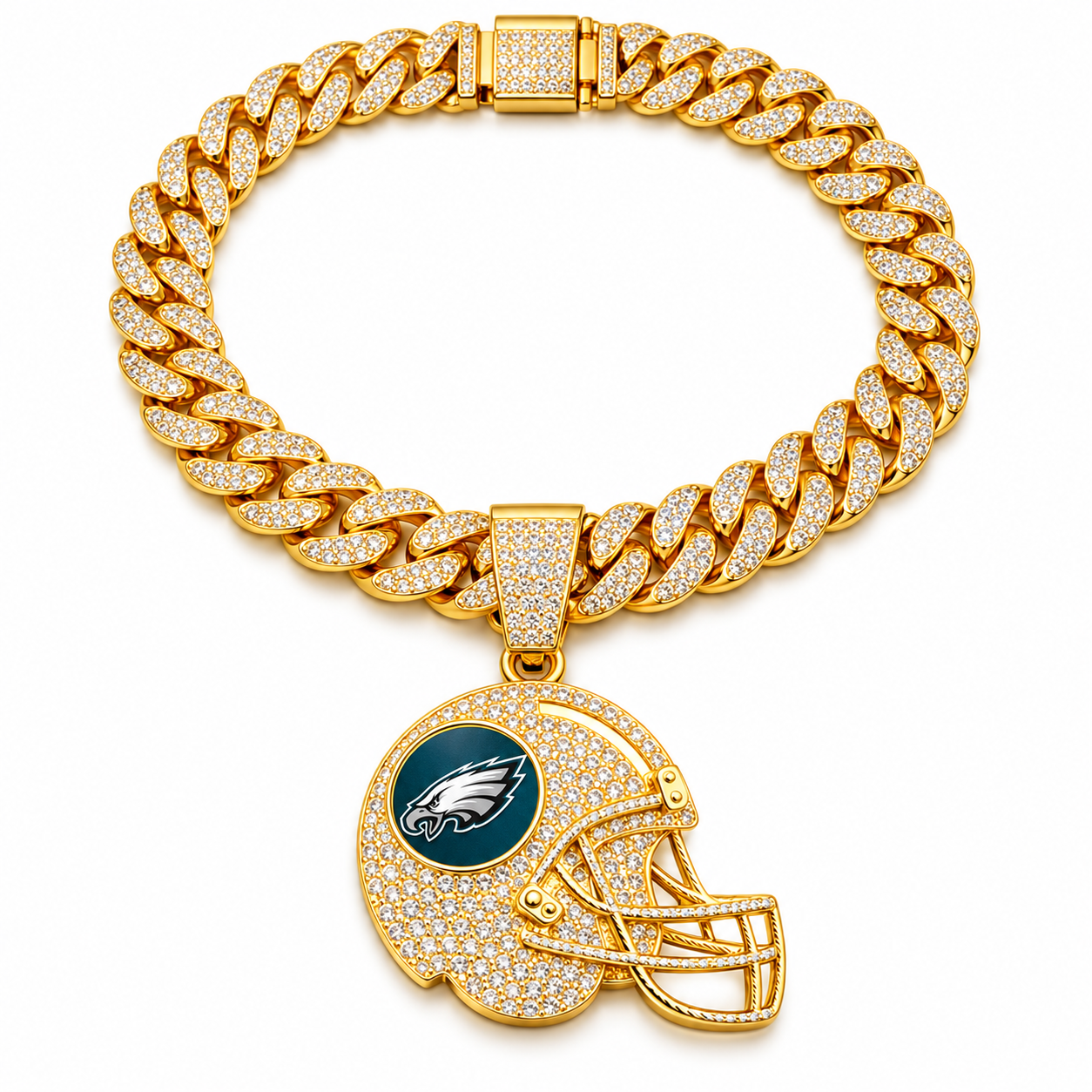 Philadelphia Eagles Necklace, Gold Iced Cuban Link Chain with Rhinestone Football Helmet Pendant, Eagles Fan Jewelry