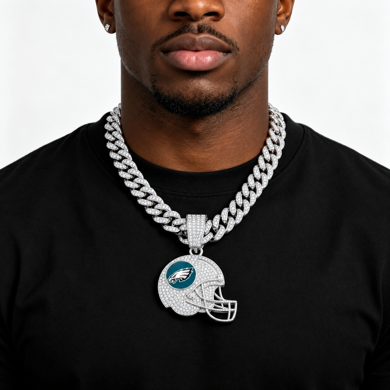 Philadelphia Eagles Necklace, Gold Iced Cuban Link Chain with Rhinestone Football Helmet Pendant, Eagles Fan Jewelry