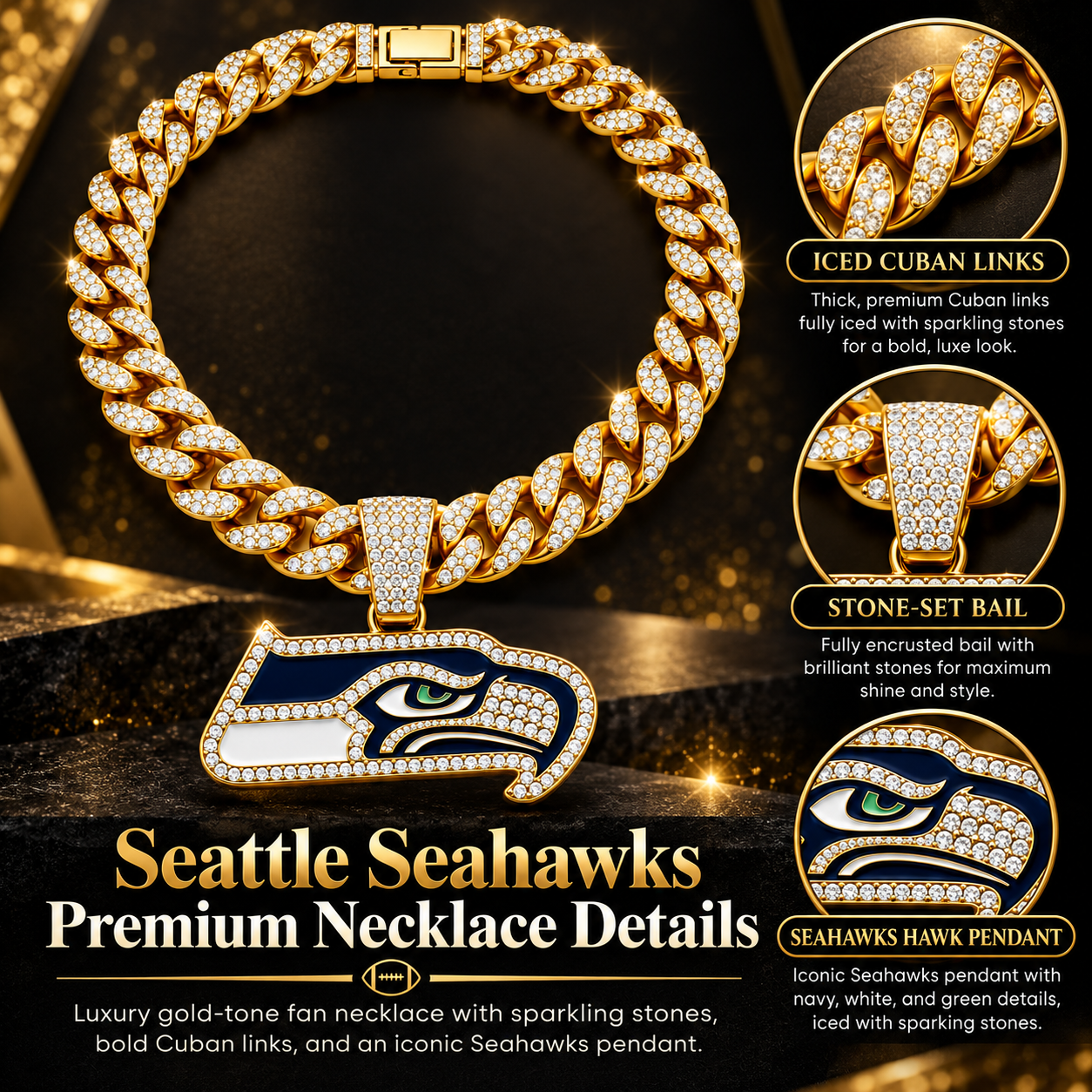 Seattle Seahawks Necklace, Gold Iced Cuban Link Chain with Rhinestone Hawk Pendant, Football Fan Jewelry