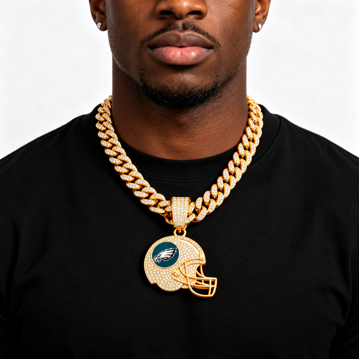 Philadelphia Eagles Necklace, Gold Iced Cuban Link Chain with Rhinestone Football Helmet Pendant, Eagles Fan Jewelry