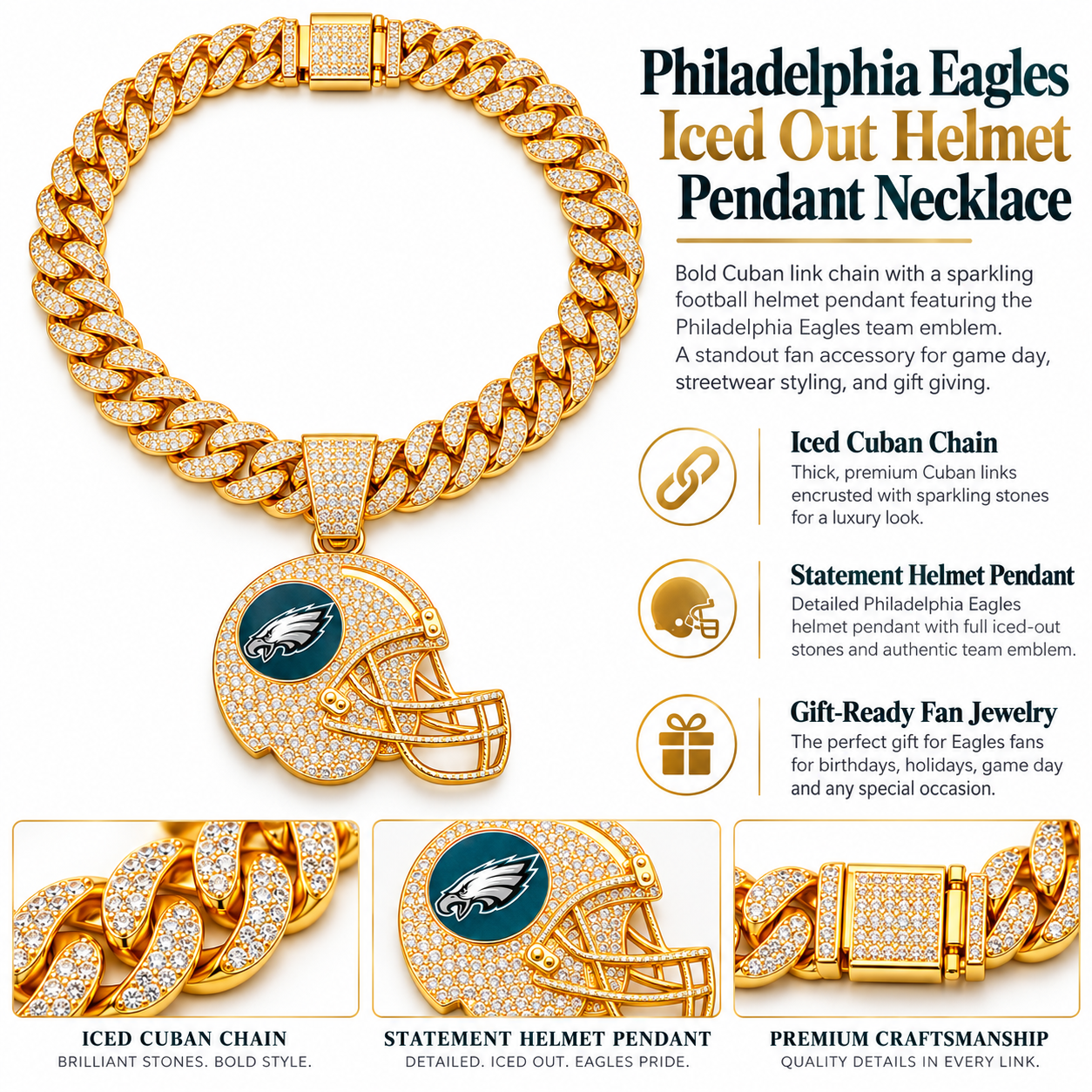 Philadelphia Eagles Necklace, Gold Iced Cuban Link Chain with Rhinestone Football Helmet Pendant, Eagles Fan Jewelry