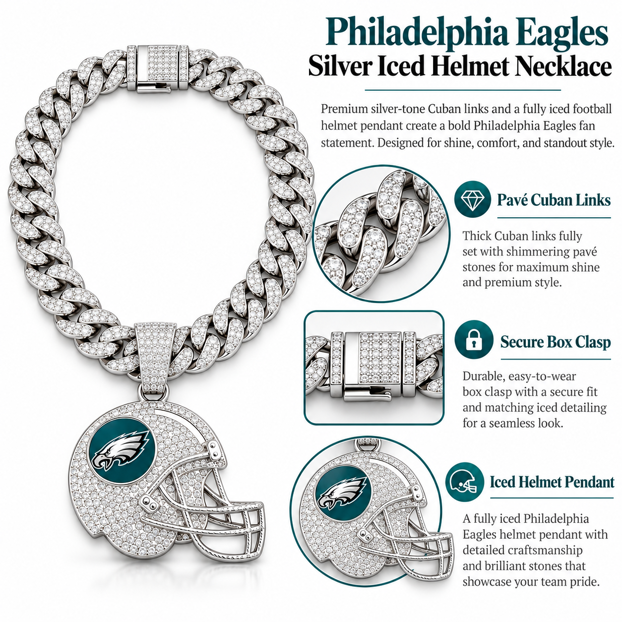 Philadelphia Eagles Necklace, Gold Iced Cuban Link Chain with Rhinestone Football Helmet Pendant, Eagles Fan Jewelry