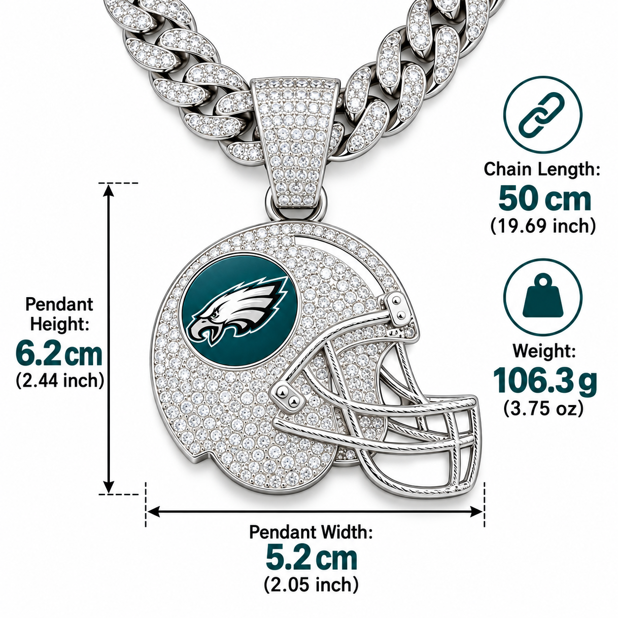 Philadelphia Eagles Necklace, Gold Iced Cuban Link Chain with Rhinestone Football Helmet Pendant, Eagles Fan Jewelry