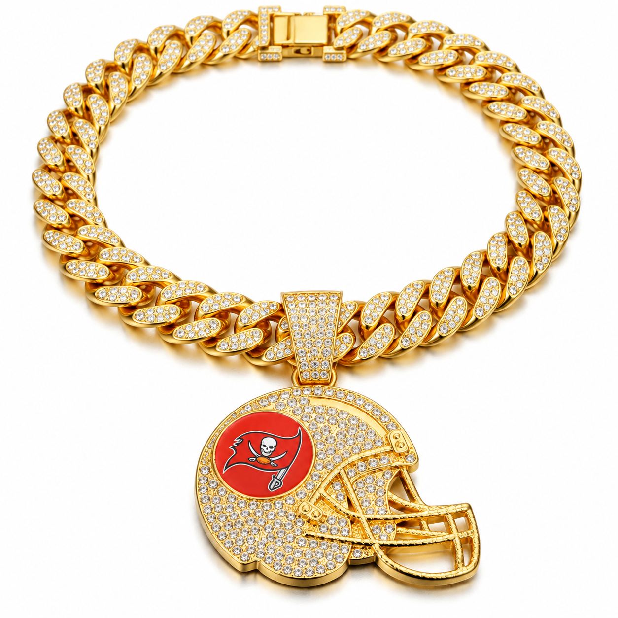 Tampa Bay Buccaneers Necklace, Gold Iced Cuban Link Chain with Rhinestone Football Helmet Pendant, Buccaneers Fan Jewelry