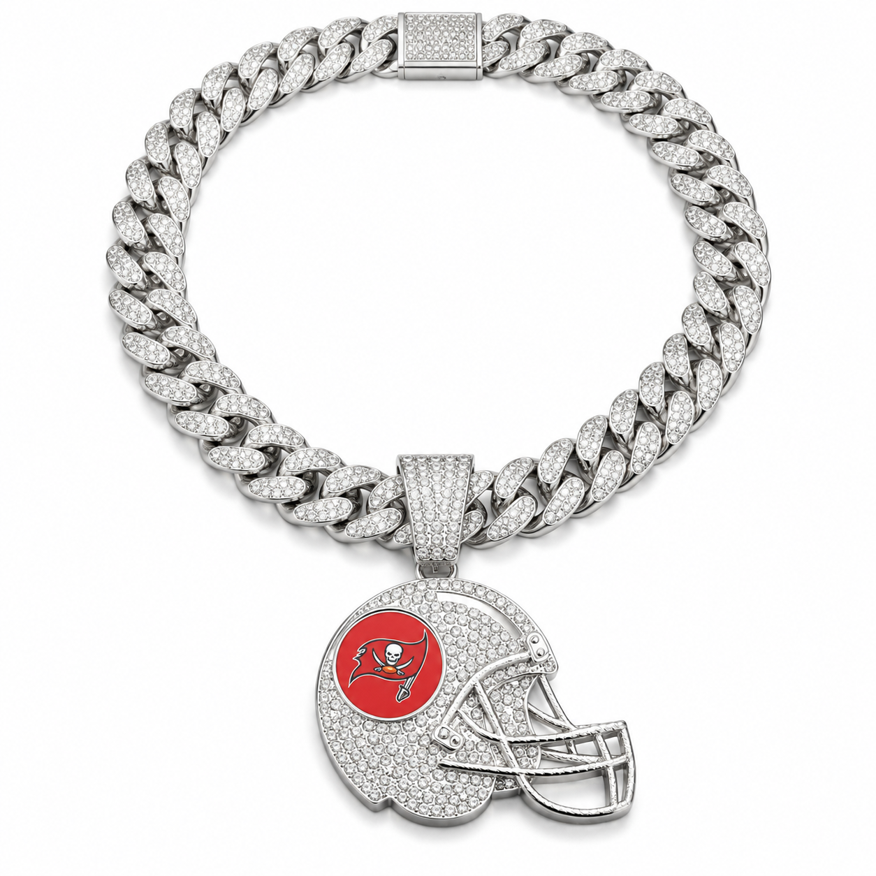 Tampa Bay Buccaneers Necklace, Gold Iced Cuban Link Chain with Rhinestone Football Helmet Pendant, Buccaneers Fan Jewelry