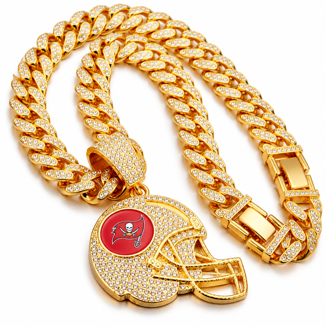 Tampa Bay Buccaneers Necklace, Gold Iced Cuban Link Chain with Rhinestone Football Helmet Pendant, Buccaneers Fan Jewelry