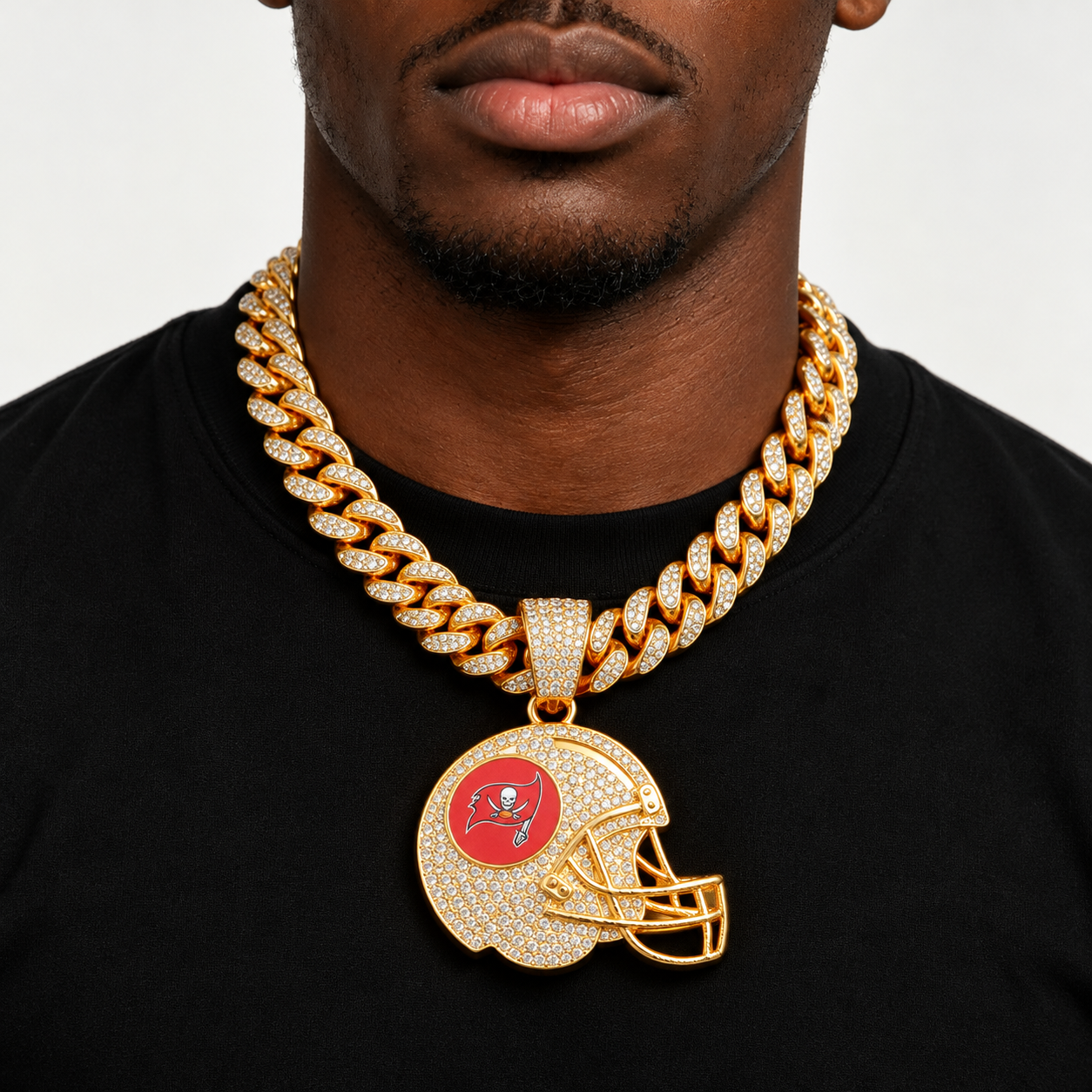 Tampa Bay Buccaneers Necklace, Gold Iced Cuban Link Chain with Rhinestone Football Helmet Pendant, Buccaneers Fan Jewelry