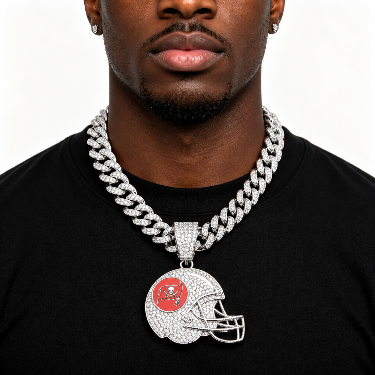 Tampa Bay Buccaneers Necklace, Gold Iced Cuban Link Chain with Rhinestone Football Helmet Pendant, Buccaneers Fan Jewelry