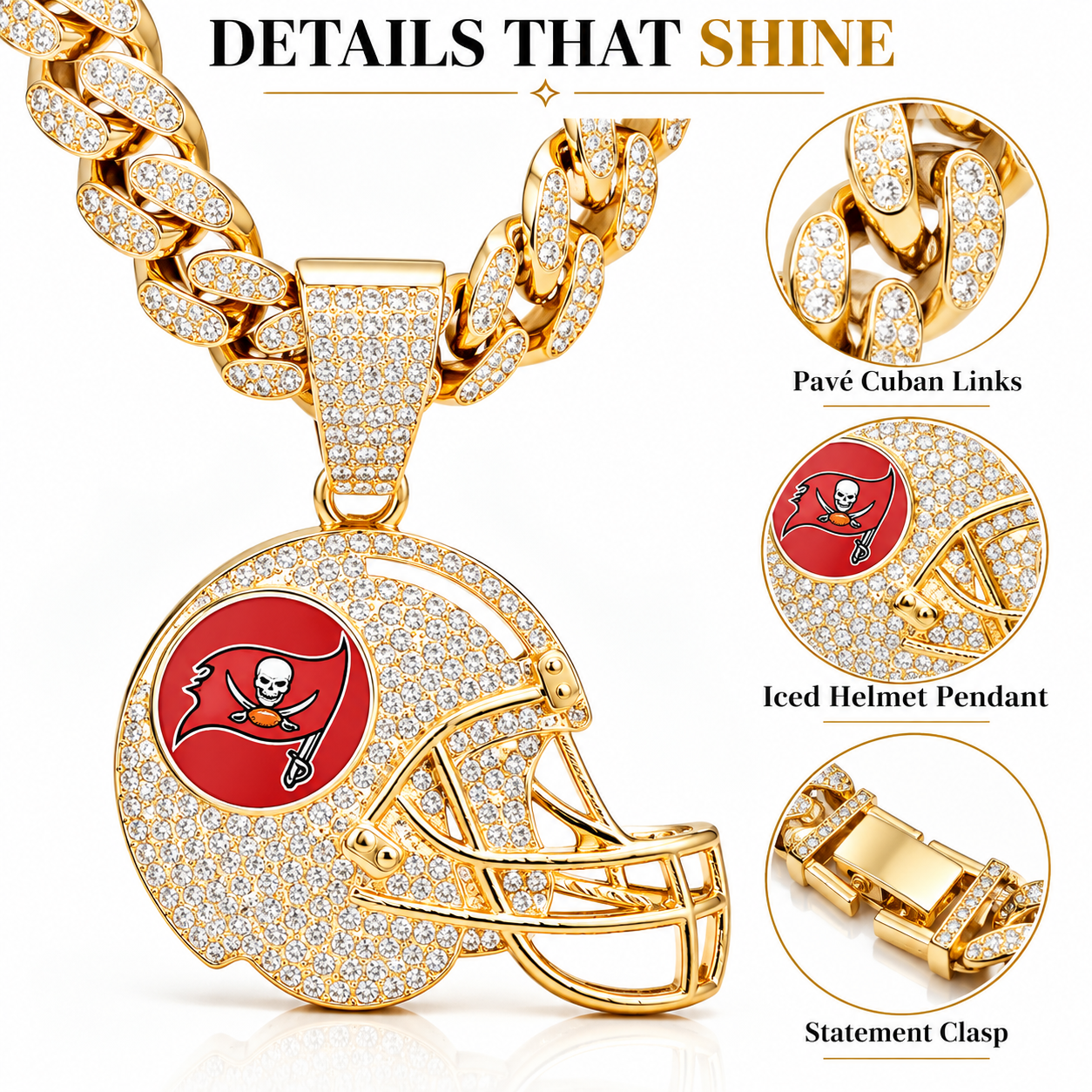 Tampa Bay Buccaneers Necklace, Gold Iced Cuban Link Chain with Rhinestone Football Helmet Pendant, Buccaneers Fan Jewelry