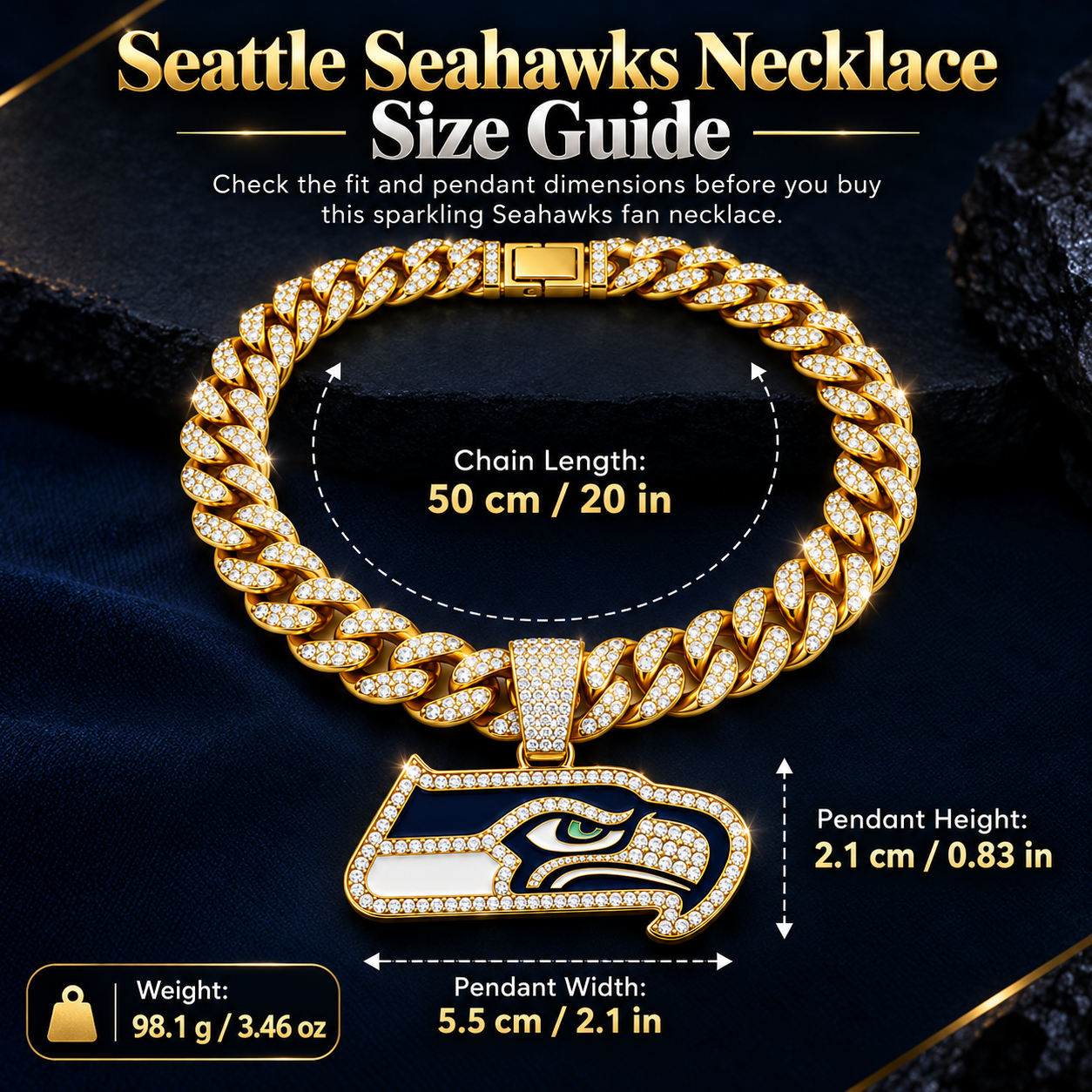 Seattle Seahawks Necklace, Gold Iced Cuban Link Chain with Rhinestone Hawk Pendant, Football Fan Jewelry