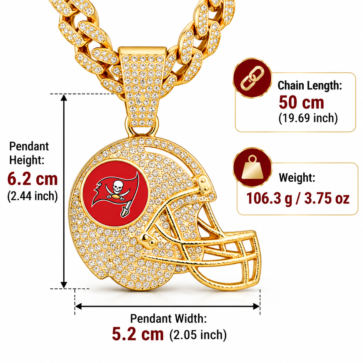 Tampa Bay Buccaneers Necklace, Gold Iced Cuban Link Chain with Rhinestone Football Helmet Pendant, Buccaneers Fan Jewelry