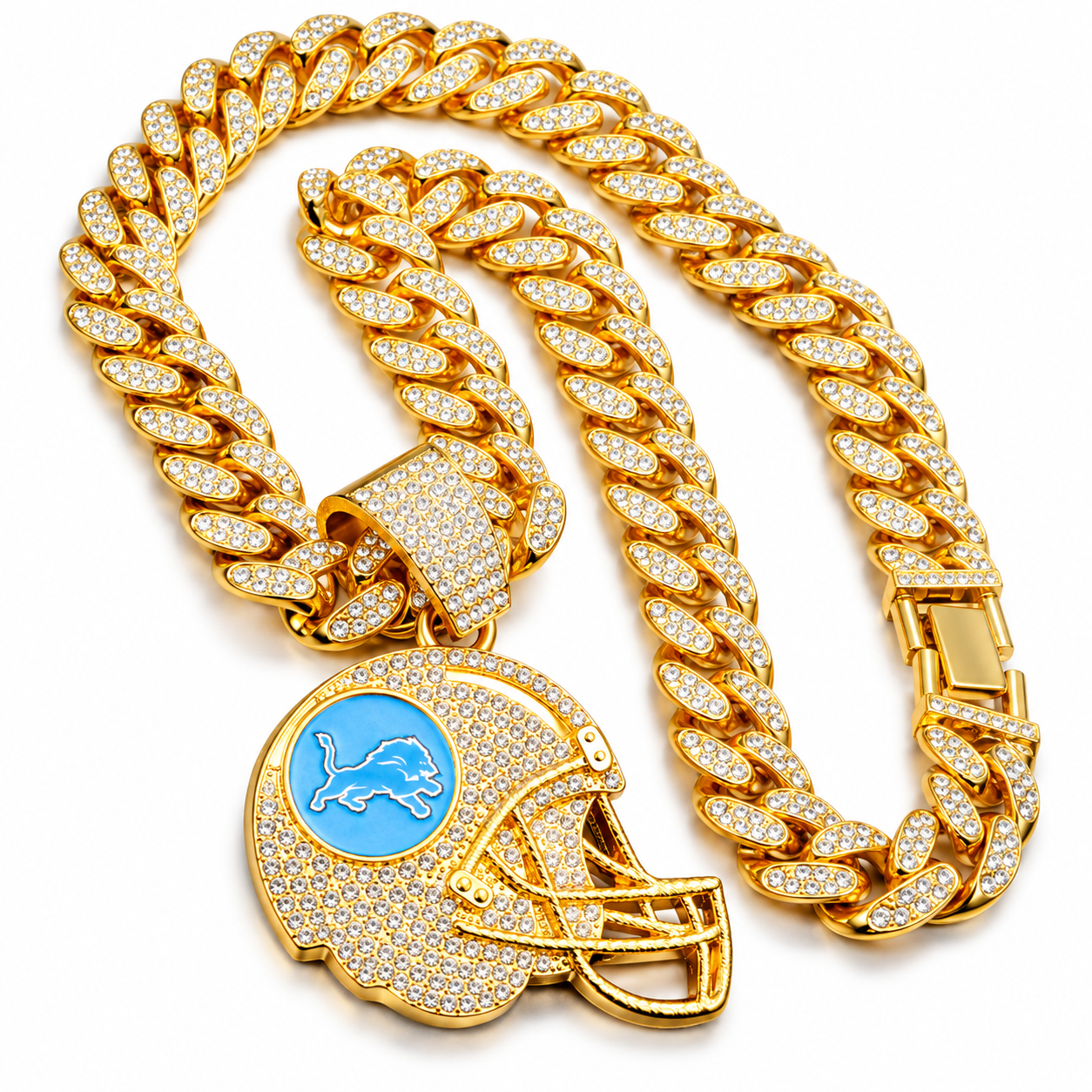 Detroit Lions Necklace, Gold Iced Cuban Link Chain with Rhinestone Football Helmet Pendant, Lions Fan Jewelry