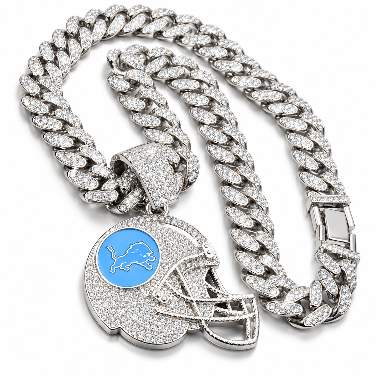 Detroit Lions Necklace, Gold Iced Cuban Link Chain with Rhinestone Football Helmet Pendant, Lions Fan Jewelry