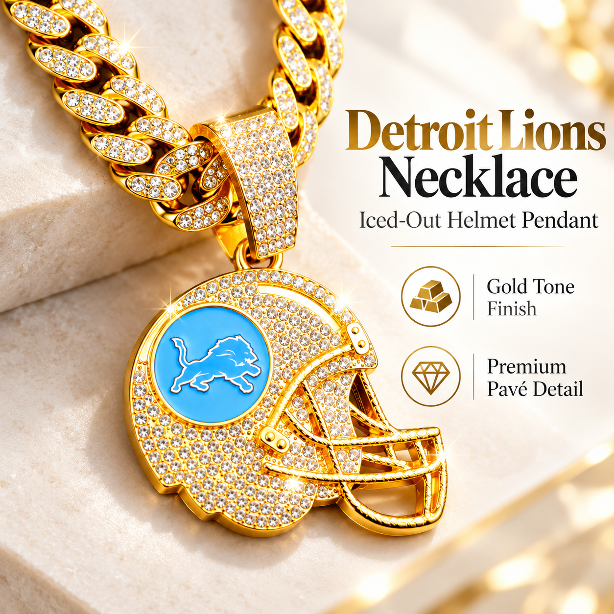Detroit Lions Necklace, Gold Iced Cuban Link Chain with Rhinestone Football Helmet Pendant, Lions Fan Jewelry