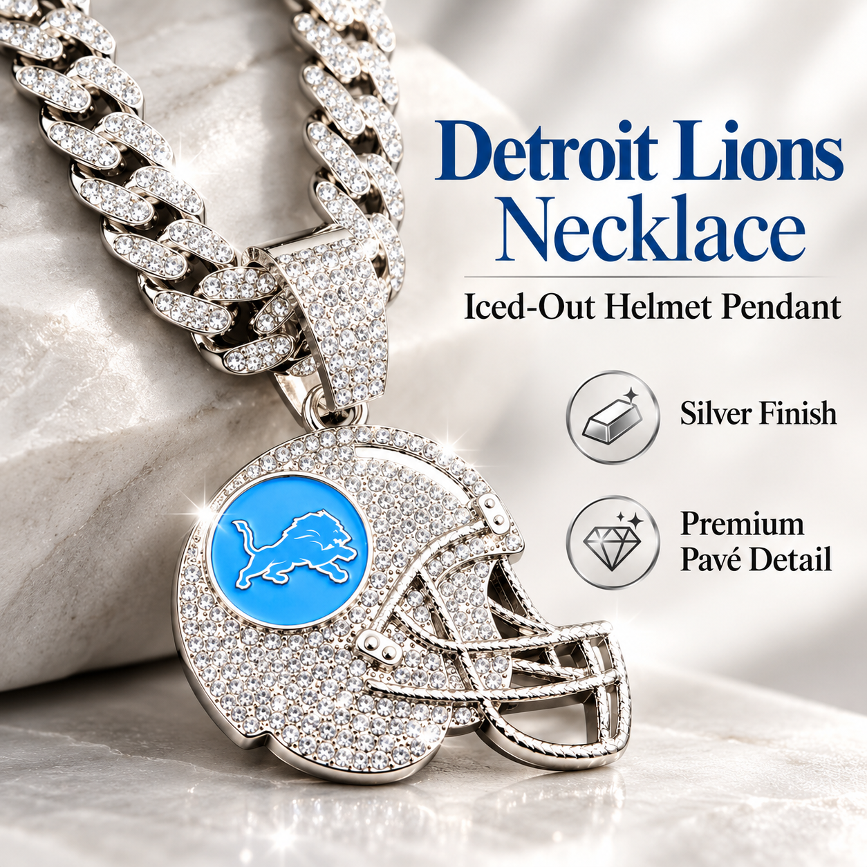 Detroit Lions Necklace, Gold Iced Cuban Link Chain with Rhinestone Football Helmet Pendant, Lions Fan Jewelry