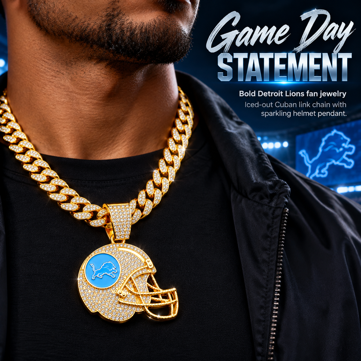 Detroit Lions Necklace, Gold Iced Cuban Link Chain with Rhinestone Football Helmet Pendant, Lions Fan Jewelry