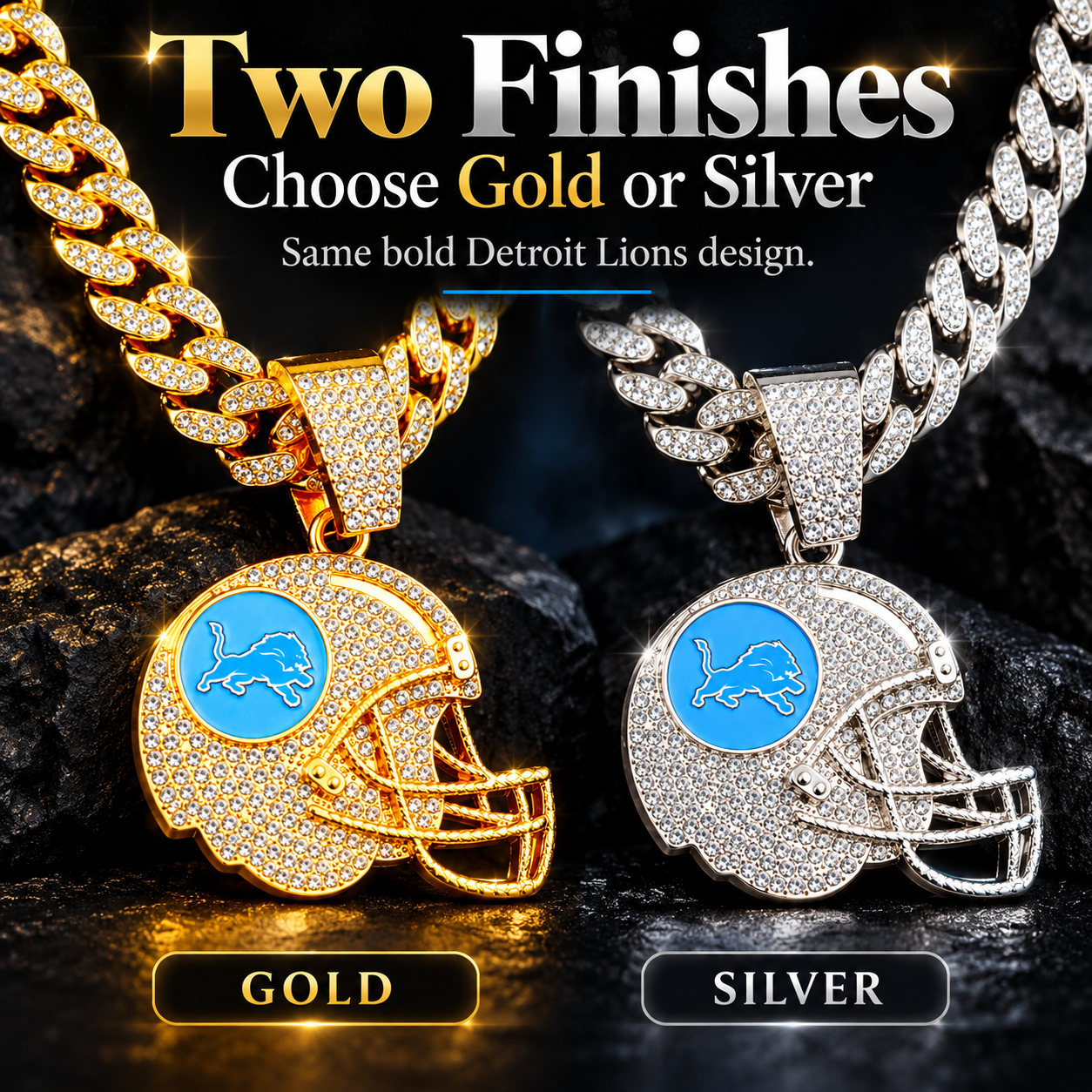 Detroit Lions Necklace, Gold Iced Cuban Link Chain with Rhinestone Football Helmet Pendant, Lions Fan Jewelry