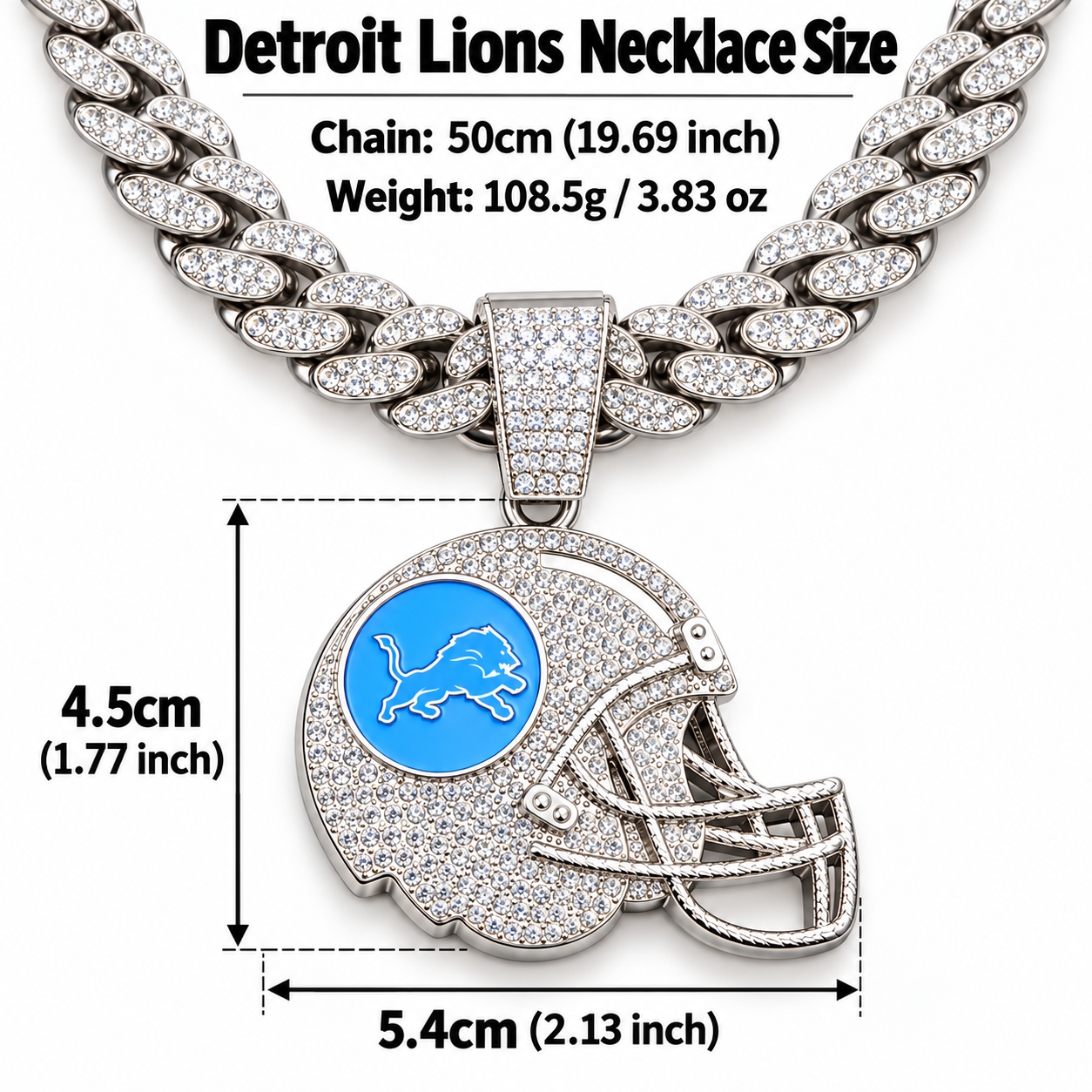 Detroit Lions Necklace, Gold Iced Cuban Link Chain with Rhinestone Football Helmet Pendant, Lions Fan Jewelry