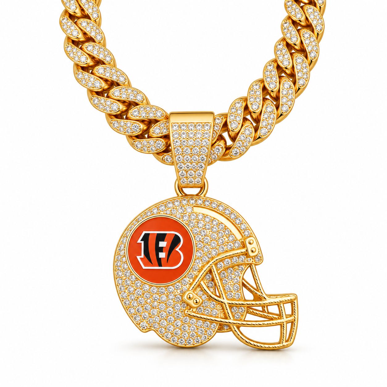 Cincinnati Bengals Necklace, Gold Iced Cuban Link Chain with Rhinestone Football Helmet Pendant, Bengals Fan Jewelry