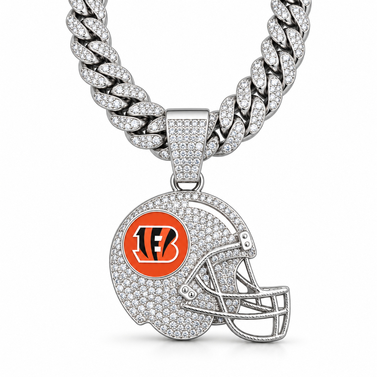 Cincinnati Bengals Necklace, Gold Iced Cuban Link Chain with Rhinestone Football Helmet Pendant, Bengals Fan Jewelry