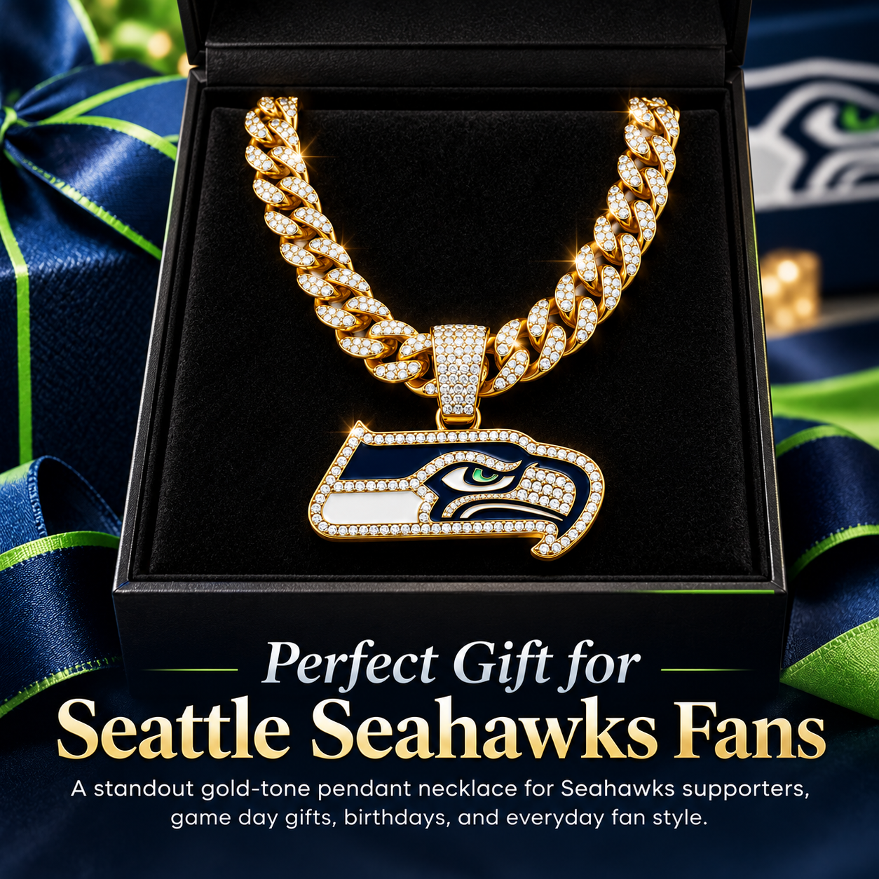 Seattle Seahawks Necklace, Gold Iced Cuban Link Chain with Rhinestone Hawk Pendant, Football Fan Jewelry