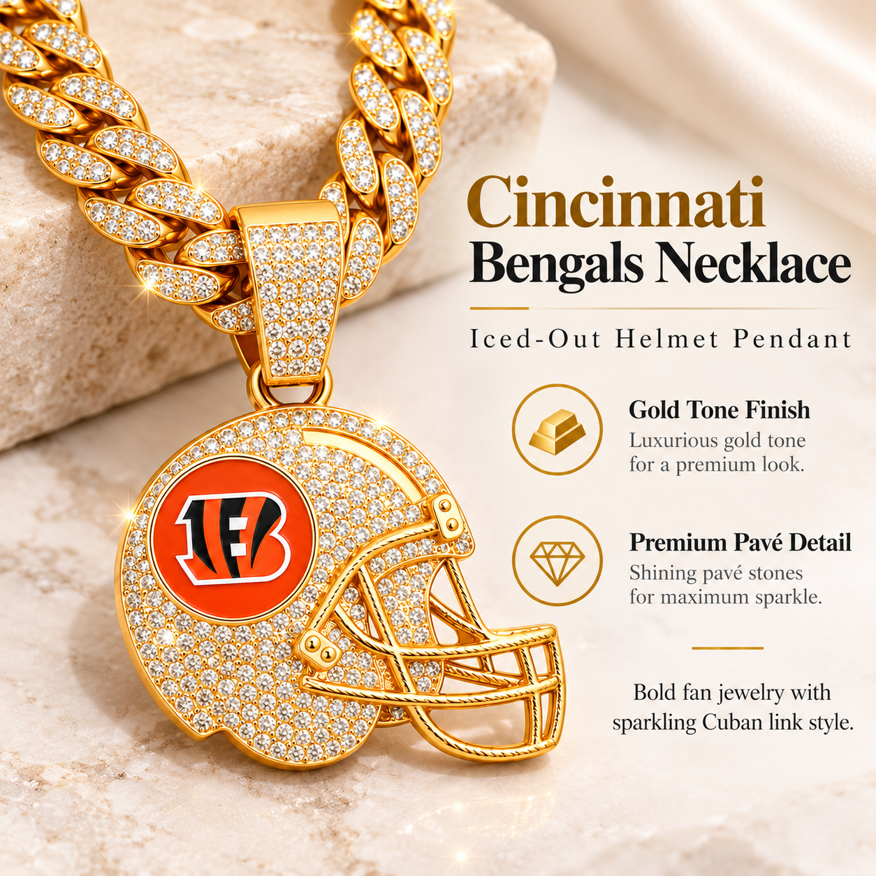 Cincinnati Bengals Necklace, Gold Iced Cuban Link Chain with Rhinestone Football Helmet Pendant, Bengals Fan Jewelry