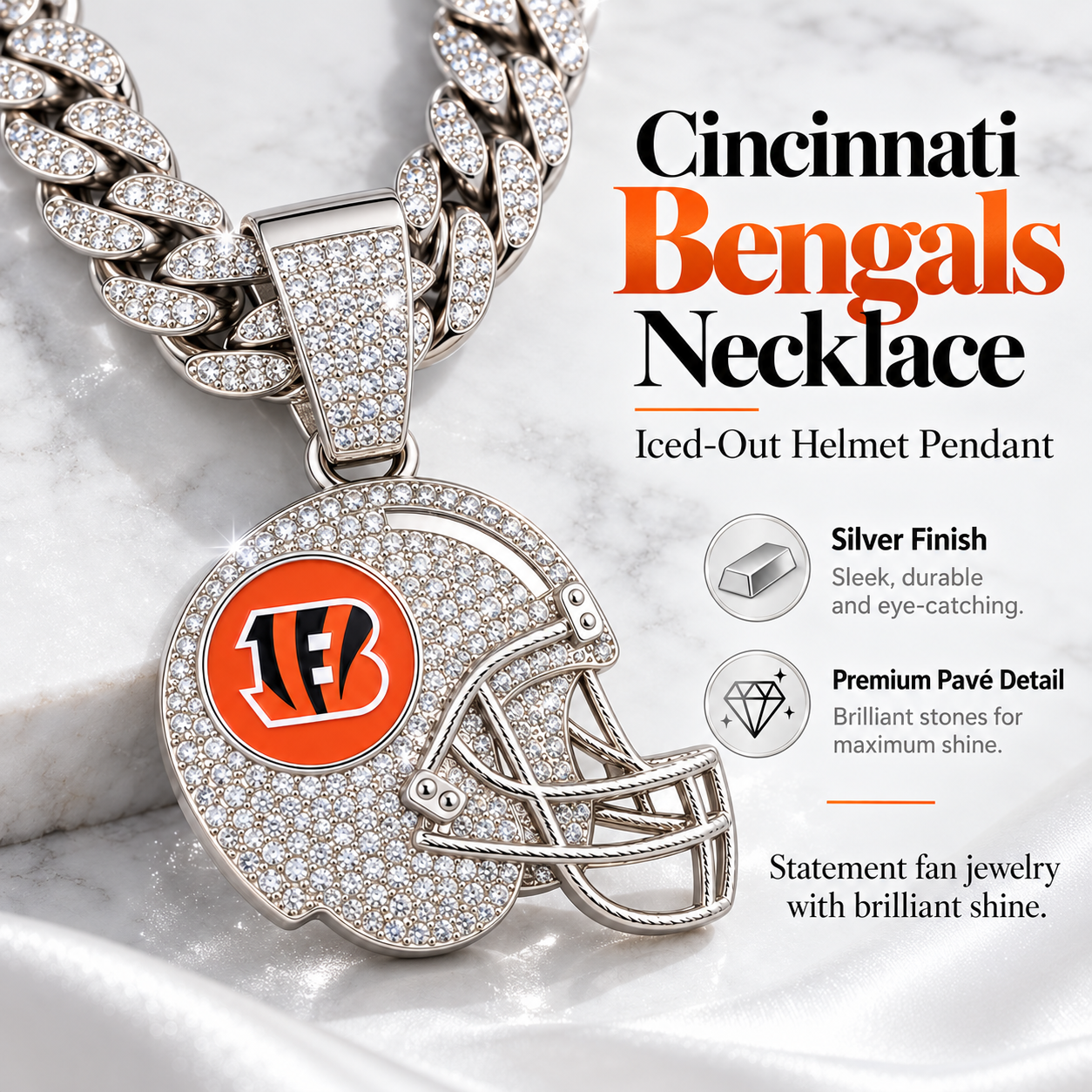 Cincinnati Bengals Necklace, Gold Iced Cuban Link Chain with Rhinestone Football Helmet Pendant, Bengals Fan Jewelry