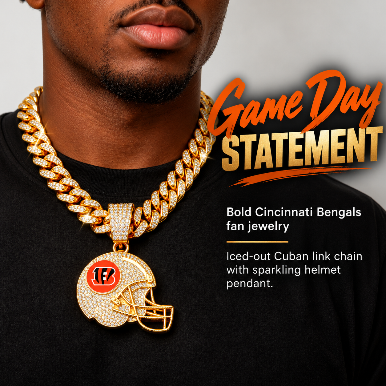 Cincinnati Bengals Necklace, Gold Iced Cuban Link Chain with Rhinestone Football Helmet Pendant, Bengals Fan Jewelry