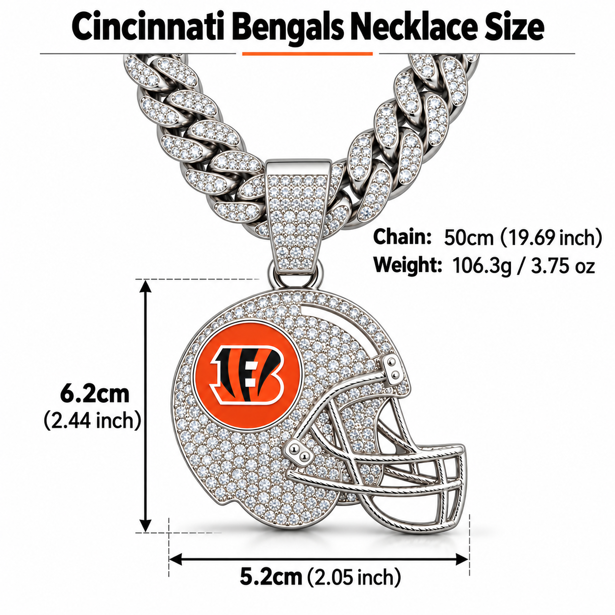 Cincinnati Bengals Necklace, Gold Iced Cuban Link Chain with Rhinestone Football Helmet Pendant, Bengals Fan Jewelry