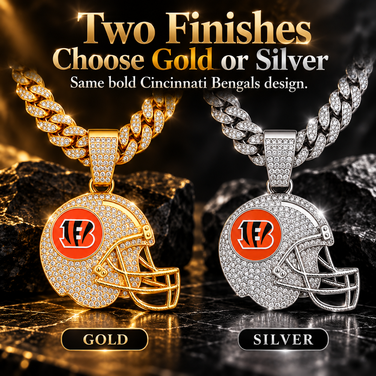 Cincinnati Bengals Necklace, Gold Iced Cuban Link Chain with Rhinestone Football Helmet Pendant, Bengals Fan Jewelry