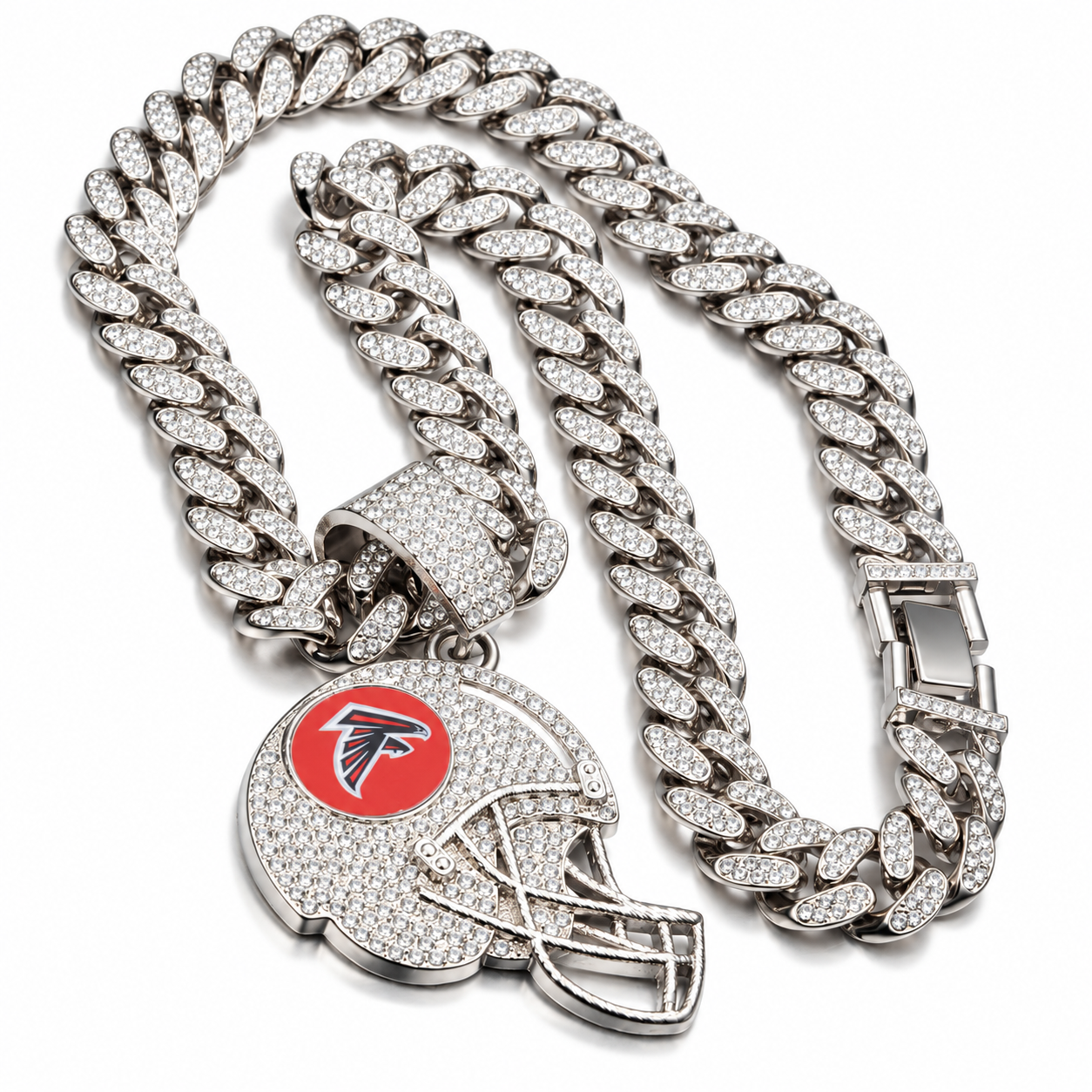 Atlanta Falcons Necklace, Gold Iced Cuban Link Chain with Rhinestone Football Helmet Pendant, Falcons Fan Jewelry