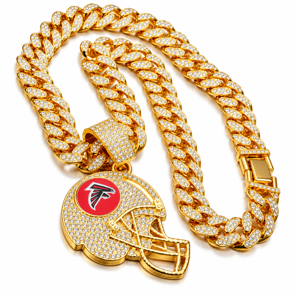 Atlanta Falcons Necklace, Gold Iced Cuban Link Chain with Rhinestone Football Helmet Pendant, Falcons Fan Jewelry