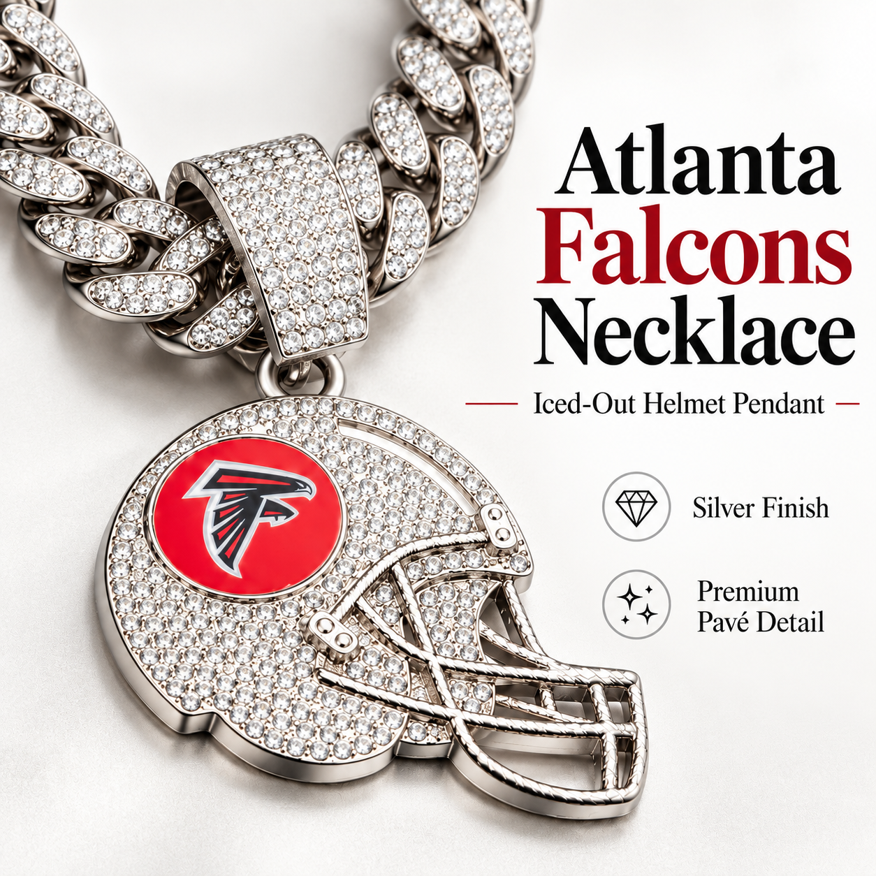 Atlanta Falcons Necklace, Gold Iced Cuban Link Chain with Rhinestone Football Helmet Pendant, Falcons Fan Jewelry