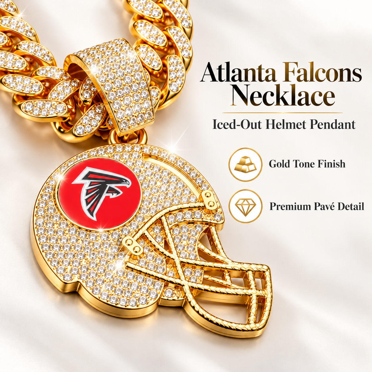 Atlanta Falcons Necklace, Gold Iced Cuban Link Chain with Rhinestone Football Helmet Pendant, Falcons Fan Jewelry