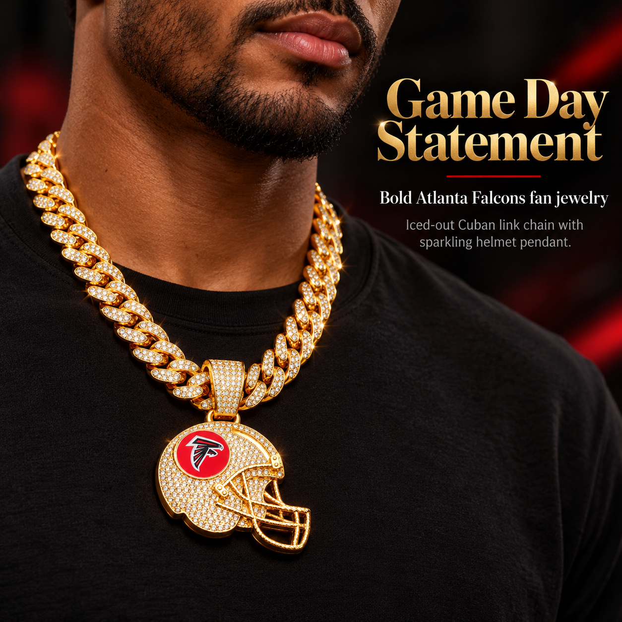 Atlanta Falcons Necklace, Gold Iced Cuban Link Chain with Rhinestone Football Helmet Pendant, Falcons Fan Jewelry