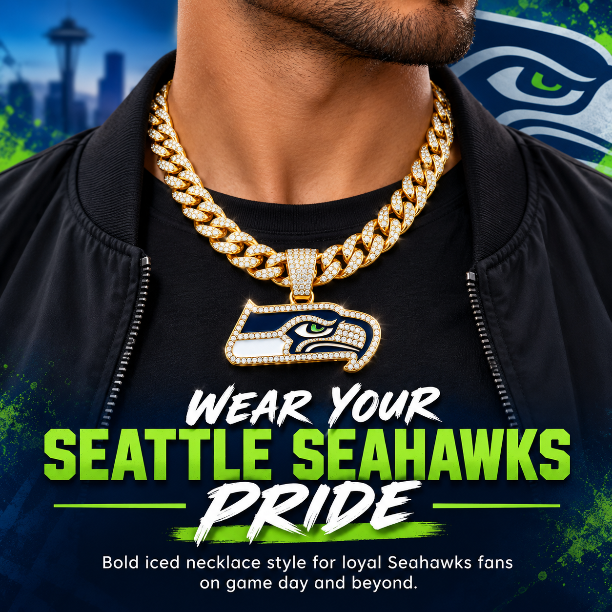 Seattle Seahawks Necklace, Gold Iced Cuban Link Chain with Rhinestone Hawk Pendant, Football Fan Jewelry