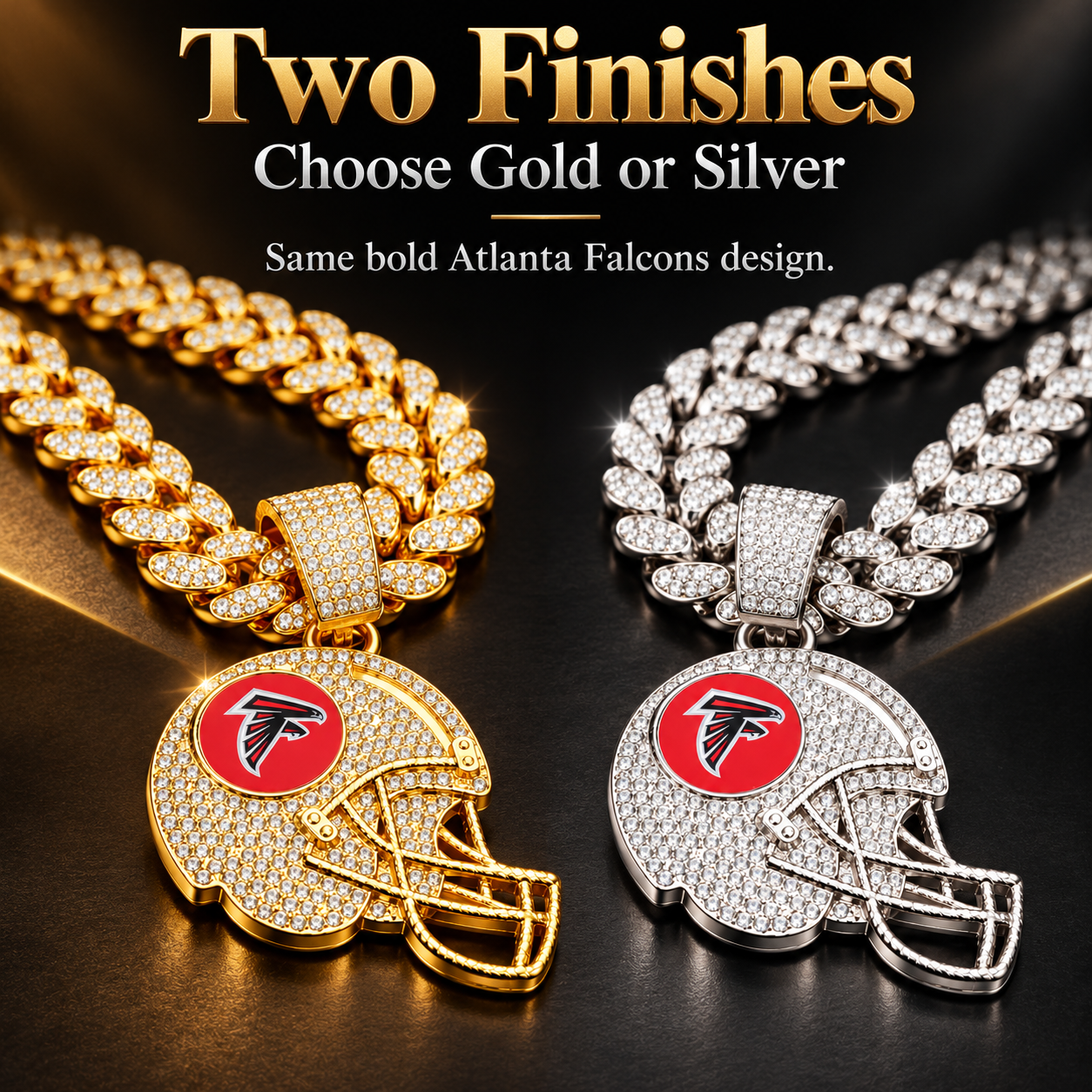 Atlanta Falcons Necklace, Gold Iced Cuban Link Chain with Rhinestone Football Helmet Pendant, Falcons Fan Jewelry