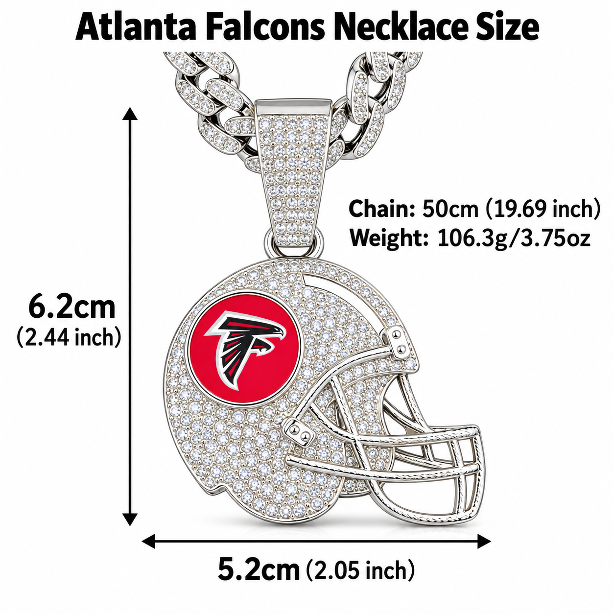 Atlanta Falcons Necklace, Gold Iced Cuban Link Chain with Rhinestone Football Helmet Pendant, Falcons Fan Jewelry