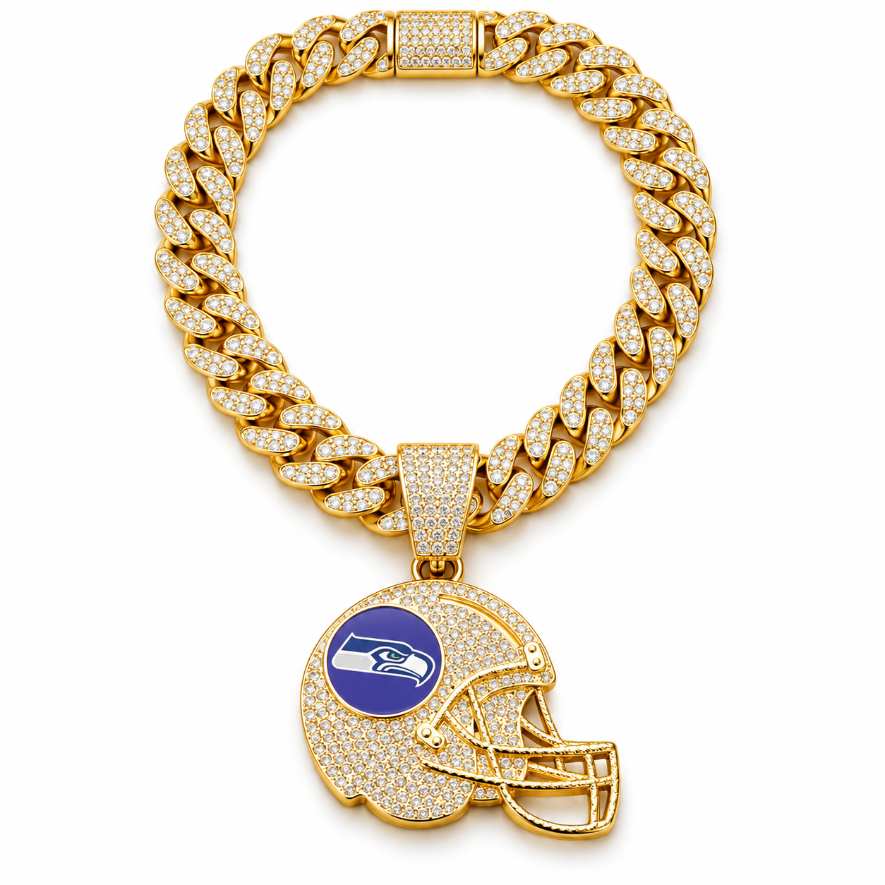 Seattle Seahawks Necklace, Gold Iced Cuban Link Chain with Rhinestone Football Helmet Pendant, Seahawks Fan Jewelry