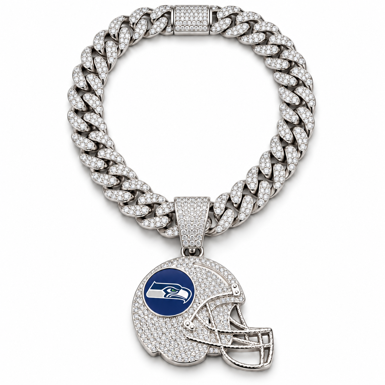 Seattle Seahawks Necklace, Gold Iced Cuban Link Chain with Rhinestone Football Helmet Pendant, Seahawks Fan Jewelry