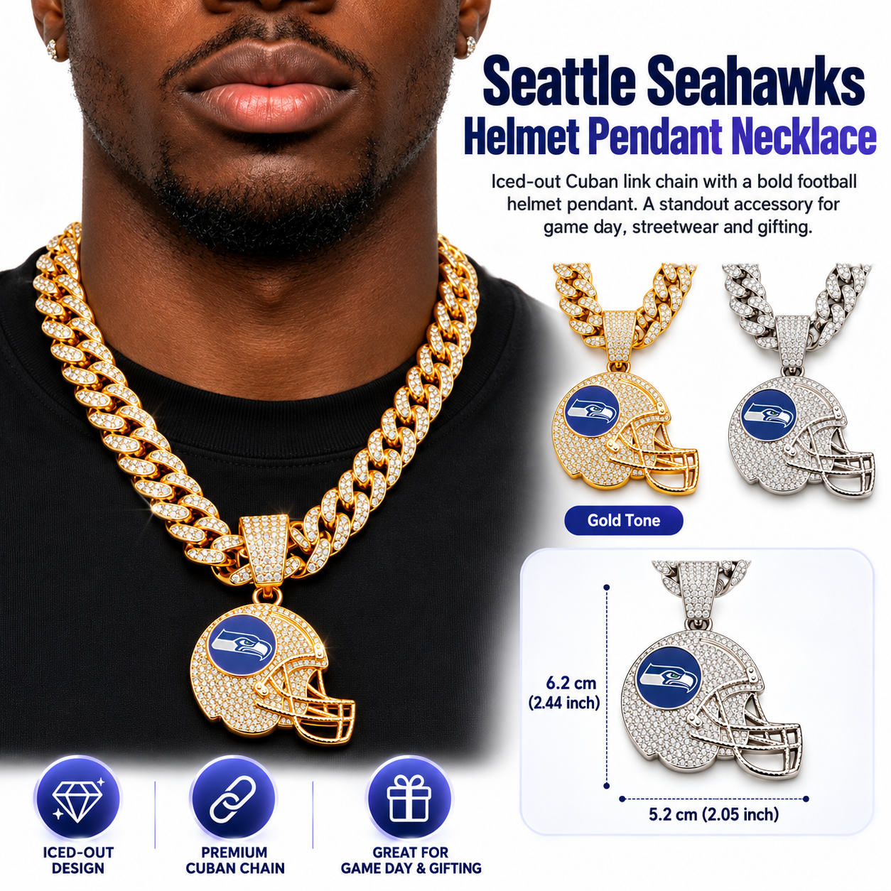 Seattle Seahawks Necklace, Gold Iced Cuban Link Chain with Rhinestone Football Helmet Pendant, Seahawks Fan Jewelry