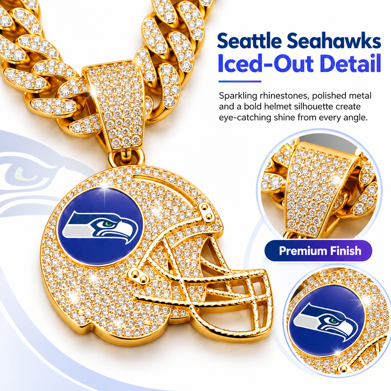 Seattle Seahawks Necklace, Gold Iced Cuban Link Chain with Rhinestone Football Helmet Pendant, Seahawks Fan Jewelry