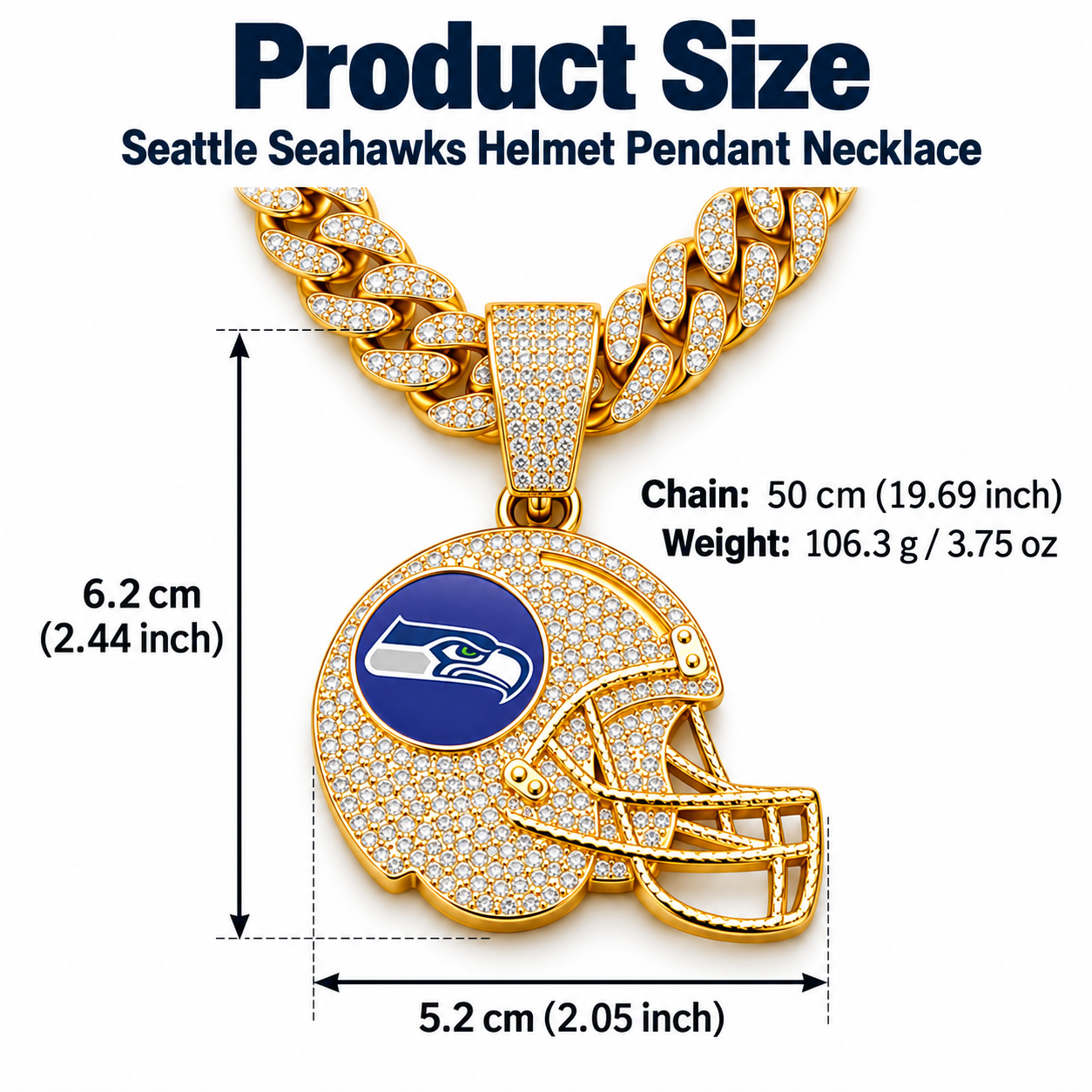 Seattle Seahawks Necklace, Gold Iced Cuban Link Chain with Rhinestone Football Helmet Pendant, Seahawks Fan Jewelry