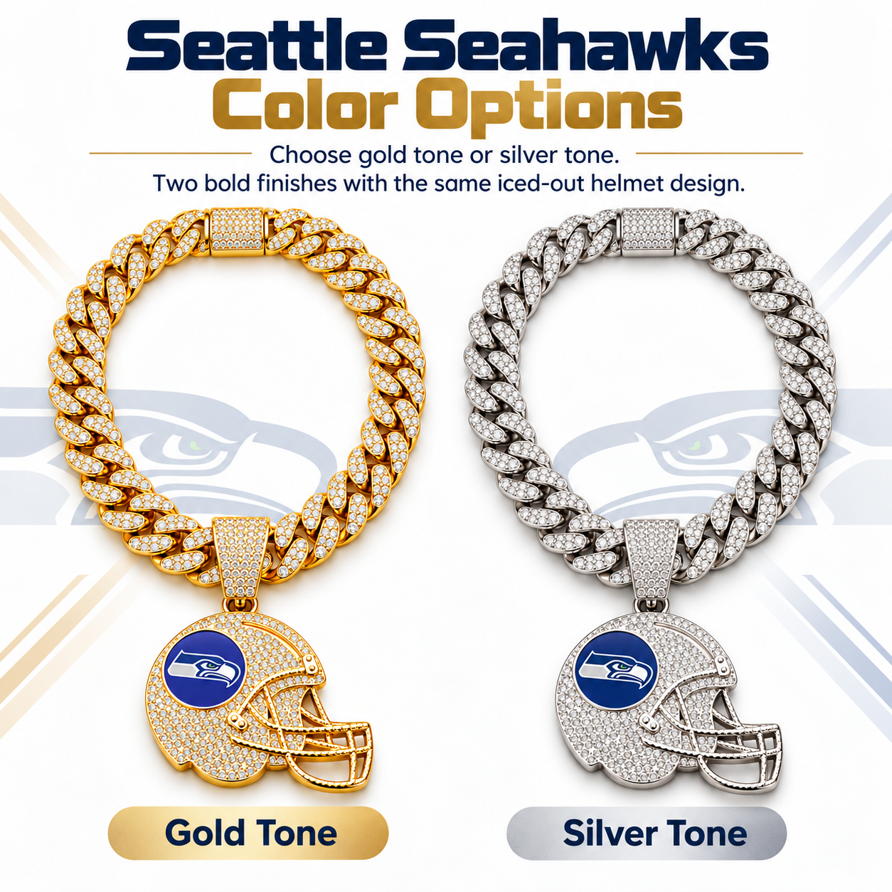 Seattle Seahawks Necklace, Gold Iced Cuban Link Chain with Rhinestone Football Helmet Pendant, Seahawks Fan Jewelry