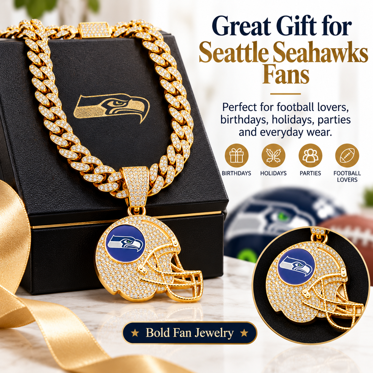 Seattle Seahawks Necklace, Gold Iced Cuban Link Chain with Rhinestone Football Helmet Pendant, Seahawks Fan Jewelry