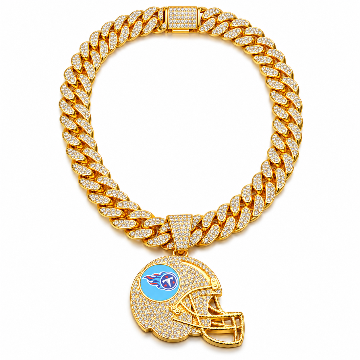Tennessee Titans Necklace, Gold Iced Cuban Link Chain with Rhinestone Football Helmet Pendant, Titans Fan Jewelry