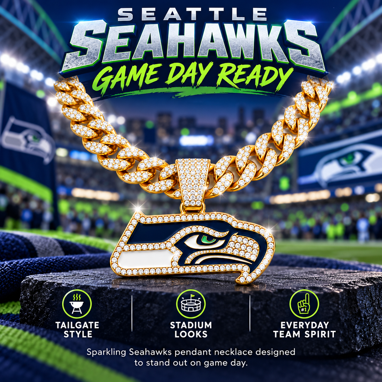 Seattle Seahawks Necklace, Gold Iced Cuban Link Chain with Rhinestone Hawk Pendant, Football Fan Jewelry
