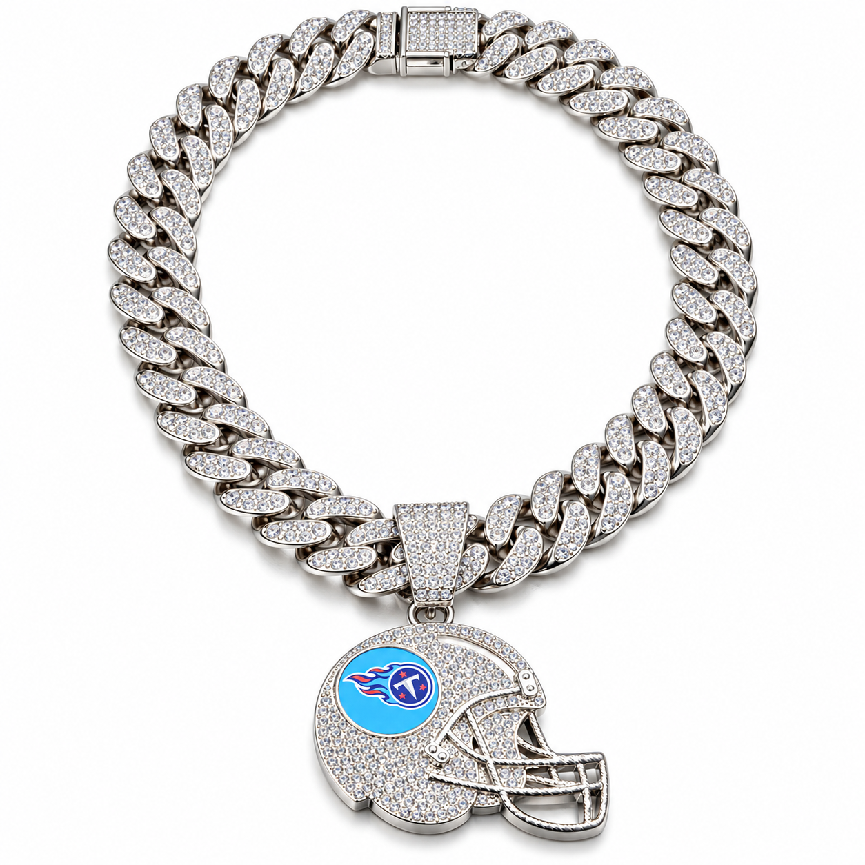 Tennessee Titans Necklace, Gold Iced Cuban Link Chain with Rhinestone Football Helmet Pendant, Titans Fan Jewelry