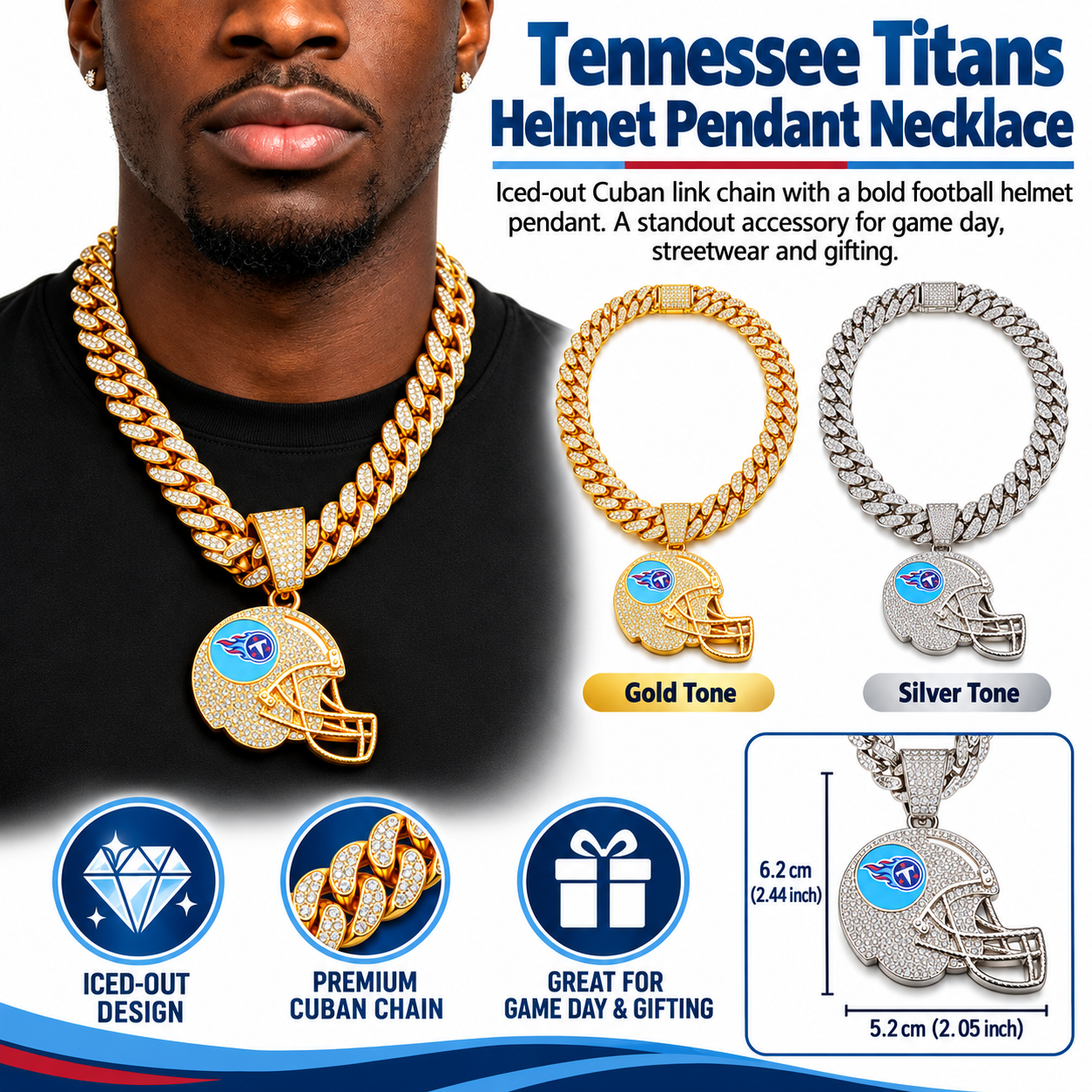 Tennessee Titans Necklace, Gold Iced Cuban Link Chain with Rhinestone Football Helmet Pendant, Titans Fan Jewelry