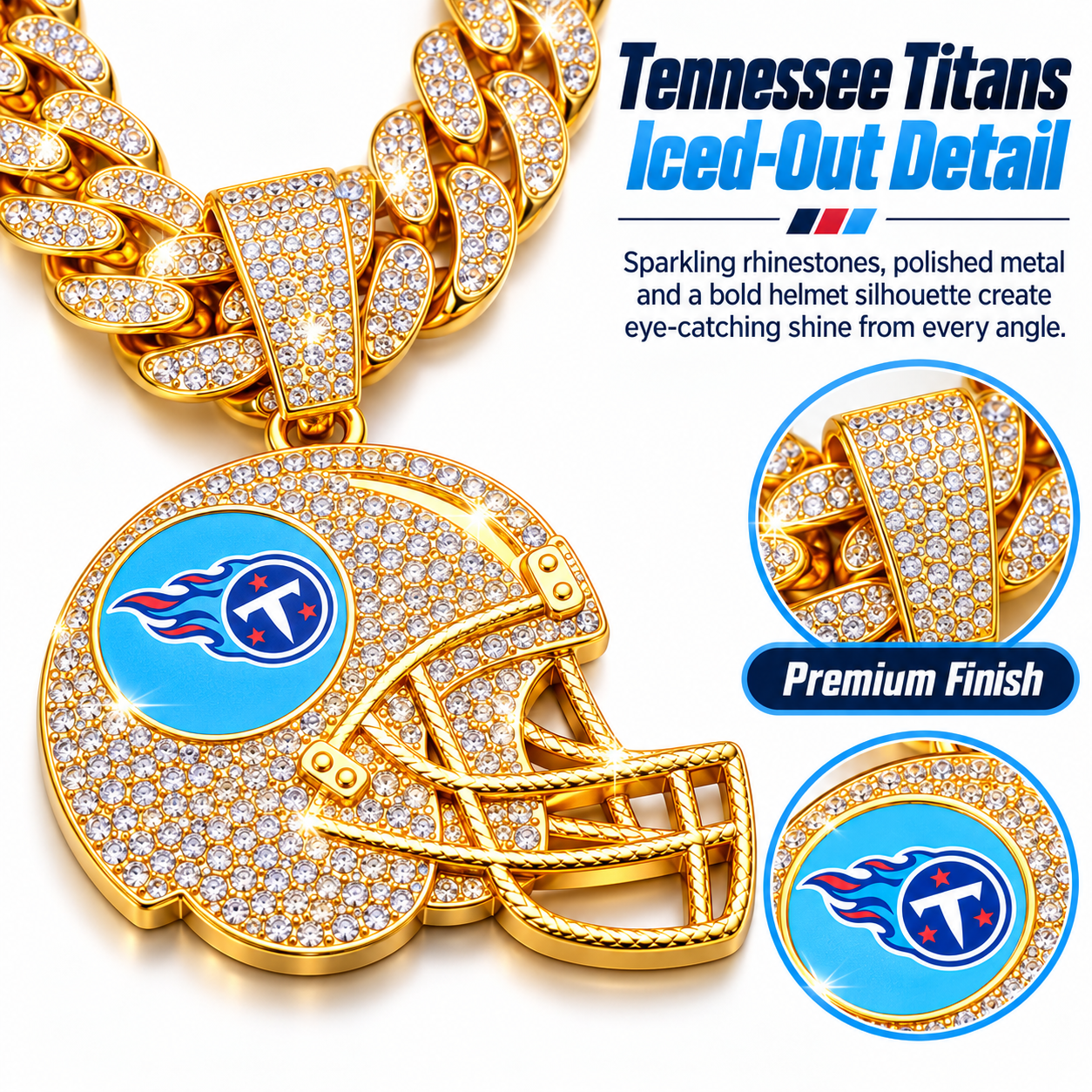 Tennessee Titans Necklace, Gold Iced Cuban Link Chain with Rhinestone Football Helmet Pendant, Titans Fan Jewelry